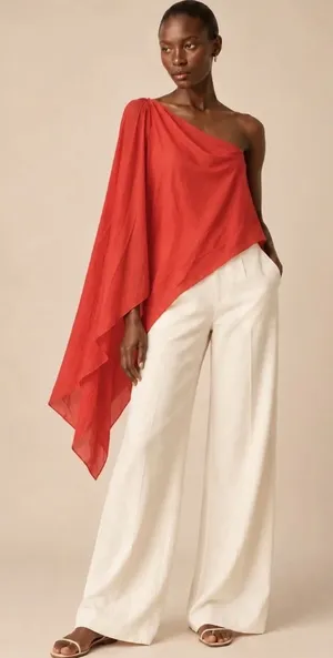 Zara Red Asymmetric Flowing Cape One Shoulder Top Lyocell XL 2010/789/649 thumbnail 1
