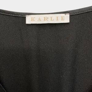 Karlie Black Satin Smocked V-Neck Mini Dress Lantern Sleeve Ruffle Hem thumbnail 4