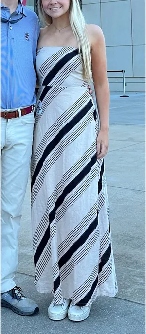 Olivaceous Beige and Black Striped Strapless Maxi Dress thumbnail 1