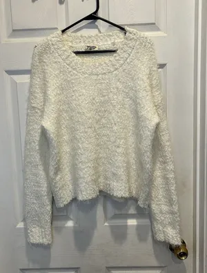 Show Me Your Mumu Womens Cropped Varsity Sweater Knubby Knit Cream Large MF9-934 thumbnail 1
