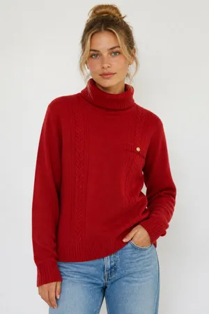 SK & Company Women's Red Angora Wool Cable Knit Turtleneck Sweater M thumbnail 1