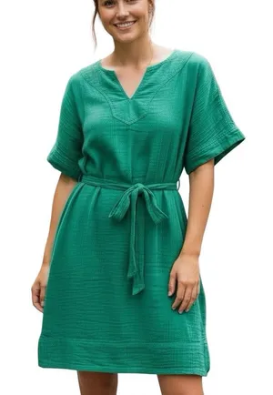 Green Gauze Belted Mini Dress Pockets Relaxed Fit Medium thumbnail 1