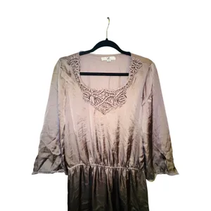 Ya Los Angeles Taupe Satin Blouson Mini Dress Macrame Embroidered Neck Boho Sz M thumbnail 2