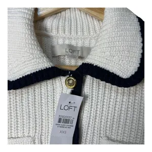 Loft tipped ribbed sweater‎ jacket cream navy blue trim xxs thumbnail 6