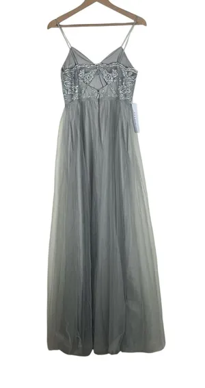 NWT Azazie Layla Gown Womens 6 Silver Tulle Lace Maxi Wedding Guest Bridesmaid thumbnail 4