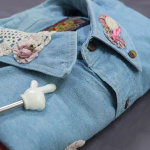 Vintage Chaps Ralph Lauren Denim Shirt XL Custom Handmade Lace Cottagecore‎ DIY thumbnail 7