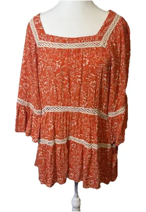 Free People XS Orange Boho Print Tunic Top Blouse W Ivory‎ Crochet Trim Tiered thumbnail 1