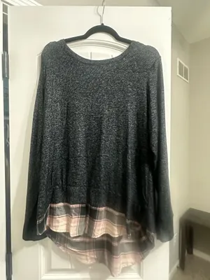 Gray Sweater with pink plaid detail  thumbnail 1