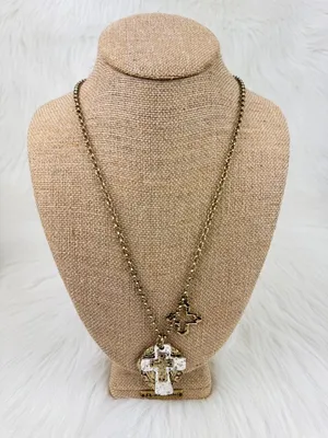 Long Gold Tone Cross Statement Pendant Necklace Double Cross Charm thumbnail 4