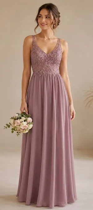 Azazie A4 Dusty Rose Lace V-Neck Chiffon Bridesmaid Formal Maxi Dress thumbnail 1