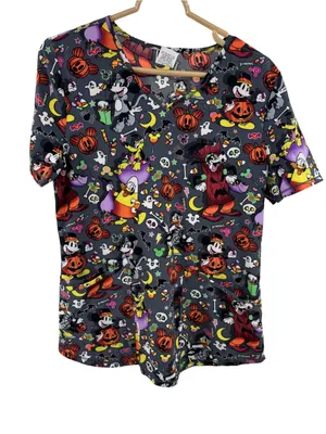 Disney Women’s Multicolor Halloween Print V-neck scrub top Mickey goofy S new thumbnail 1