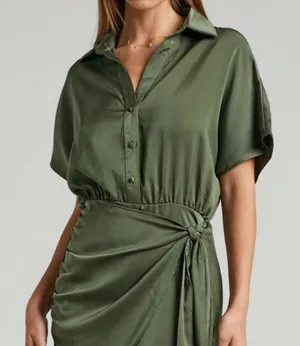 Showpo Ameleth Collared Wrap Front Mini Dress in Olive Size 8 Green thumbnail 1