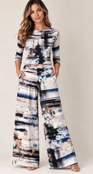 Pia Colors Womens 2 Piece Set S Multicolor Abstract Floral Wide Leg Pant Suit thumbnail 1