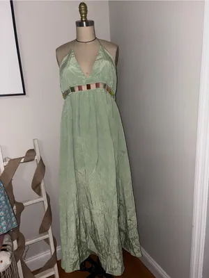 Ibiza by Anne Cole Green V-Neck Halter Maxi Dress w/ Jewel Trim Size Large thumbnail 3