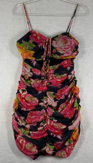Runaway the Label Floral Ruched Cut Out Mini Dress Black Pink US 4 S thumbnail 1