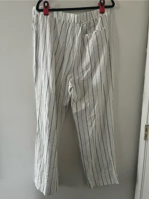 Old Navy White Gray Pinstripe Taylor Wide Leg Trouser Pants XL Linen Coastal thumbnail 5