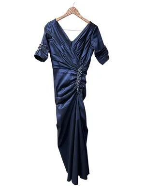 Tadashi Shoji Side Ruched Jeweled Beaded Long Maxi Gown Dress Navy Blue 8 thumbnail 3