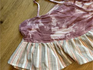 XL Boutique Pink/Purple white Tie-dye Cotton Blouse Striped Ruffle Peplum Crop thumbnail 9