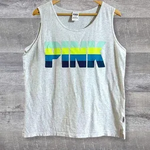 Victorias Secret PINK Grey Muscle Tank Top Women L Ombre Green Blue Logo Graphic thumbnail 1