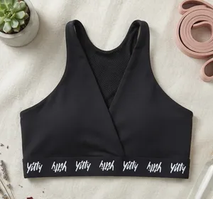 Yitty by Lizzo Black High Neck Wrap Front Mesh Back Logo Band Sports Bra thumbnail 1