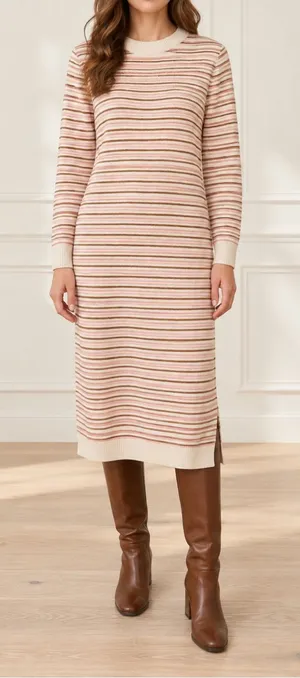 NWT Roolee Sweater Dress Small Cream Pink Brown Striped Knit Midi Long Sleeve thumbnail 1