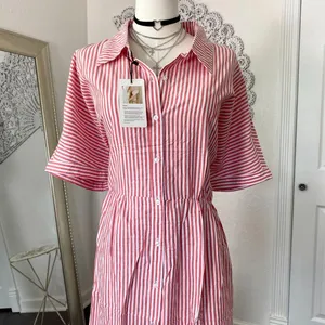 Source Unknown NWT Casual Red White Striped Midi Maxi Blouse Button Up Dress 3XL thumbnail 2