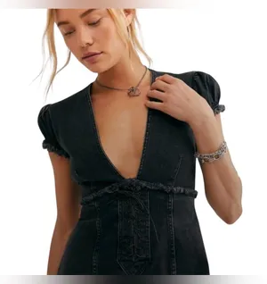 NWT Free People Something Sweet Mini black denim dress 4 thumbnail 2