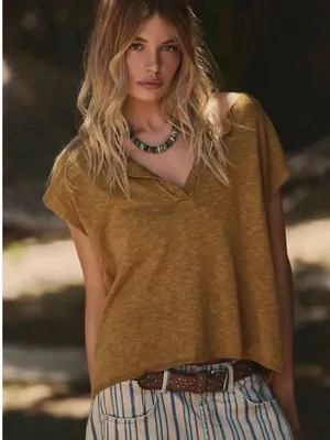 Free-est Free People Mustard Yellow V-Neck Relaxed Top thumbnail 1