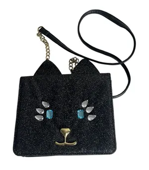 BETSEY JOHNSON Cat Crossbody Bag Glitter Rhinestone Fabric Chain Strap Luv thumbnail 1