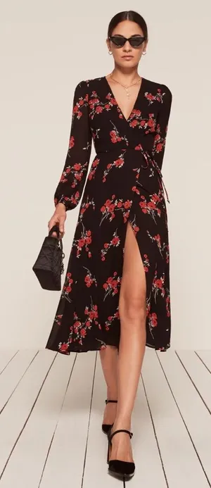 Reformation‎ Nicole Dress Floral Wrap Midi Womens Size M thumbnail 1