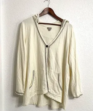 J Jill Womens Cardigan Ivory One Button Emroidered Hooded Cotton Size Large thumbnail 1