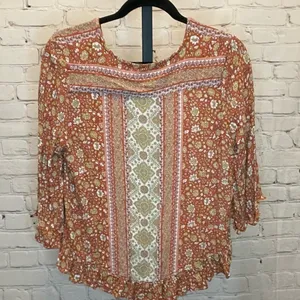 Rose & Thyme Orange Printed Blouse Peplum Hem Size Large Boho thumbnail 2