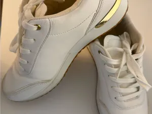 White Women's Platform Sneakers with Gold Accent, stylish, punky thumbnail 2