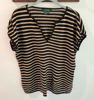 Lauren Ralph Lauren Womens XL Black Tan Striped 100% Linen‎ V-Neck Knit Top thumbnail 1