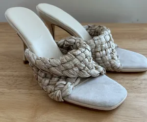 Heeled Mule Woven Summer Justfab Sz 8.5 Tan Neutral Natural Workwear Party thumbnail 1