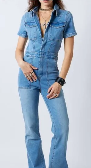 Signature 8 Light Blue Denim Jumpsuit Overalls - Women's Short Sleeve thumbnail 1