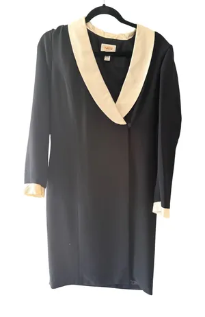 Talbots Vintage Tuxedo Wrap Dress Black Cream Silk Trim Shawl Collar Size 8 thumbnail 1