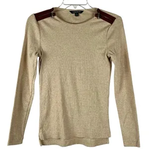 Lauren Ralph Lauren Rib Knit Shoulder Zipper Beige Sweater Small thumbnail 1