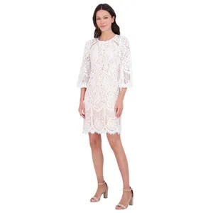 Vince Camuto Petite Jewel-Neck Lace Shift Dress Ivory Off White / Beige Brown 2P thumbnail 8