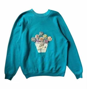 Vintage Tultex Super Sweats Sweatshirt L Teal Floral Applique Made USA 90s thumbnail 1