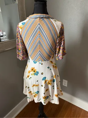Free People Mix It Up floral striped v neck boho babydoll mini dress 4. thumbnail 4