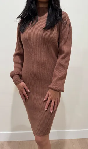 Knit Ribbed Sweater Dress in Cocoa Brown thumbnail 4