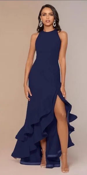 NWT Betsy & Adam Arielle Blue Size 2 Ruffle Hem Halter Gown Dress thumbnail 1