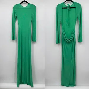 Dramatic Cowl-Neck Draped Back Maxi Dress Medium Green Long Sleeve Formal Sexy thumbnail 2