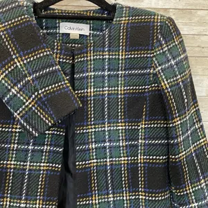 Calvin Klein‎ Womens 2 Jacket Tweed Topper Coat Green Plaid Tartan Open Front thumbnail 2