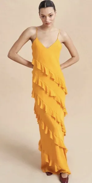 La Ligne Gio Marigold Silk Maxi Dress Ruffle Size Large Sun Tiered Dry Clean thumbnail 1