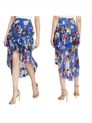 Alice + Olivia Blue Floral Skirt Velvet Burnout Tiered Ruffles Size 0 New NWT thumbnail 2