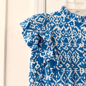 Tuckernuck Hyacinth House Blue White Simmons Ruffle Sleeve High Neck Mini Dress thumbnail 5