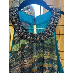 Muse Women's High End Beaded Halter Dress 100% silk in Blue thumbnail 2