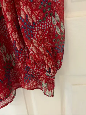 LOFT Long Sleeve Printed Red Top with Ruffle Trim thumbnail 4